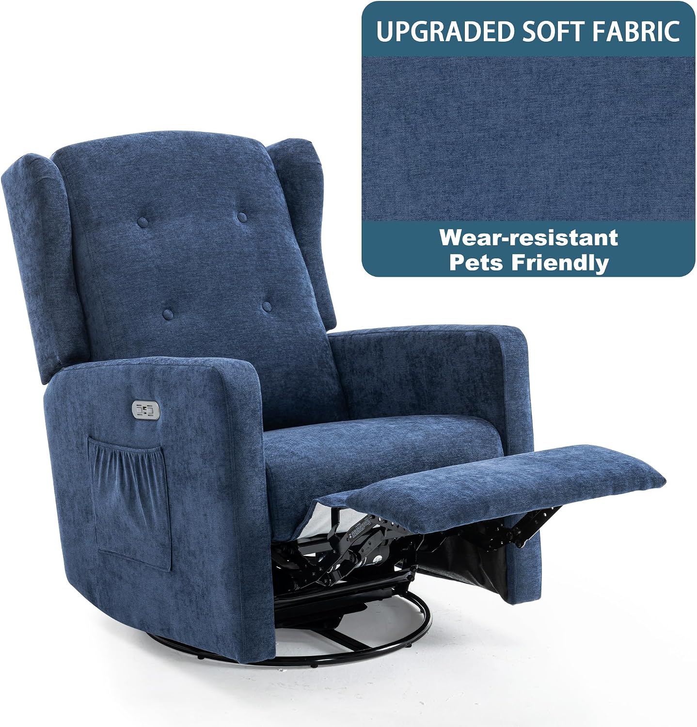 Ketaiyou Power Swivel Rocking Recliner Chair, Electric Rocker Nursery Glider Chair, USB and Type-C Ports, Upholstered Fabric Reclining Single Sofa Chair for Living Room (Blue)