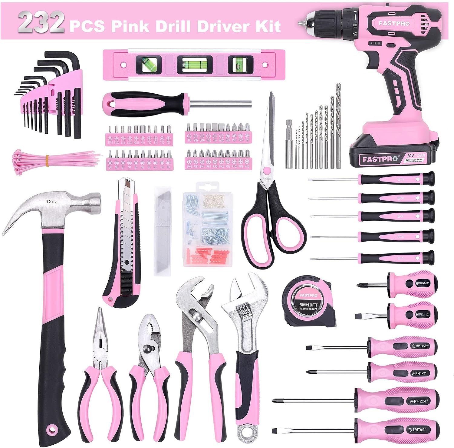 FASTPRO 232-Piece Pink Tool Set with Drill, 20V Cordless Drill Driver and Home Tool Set, Pink Drill Set for Women, Lady's Repairing Kit with 12-Inch Storage Bag, Pink