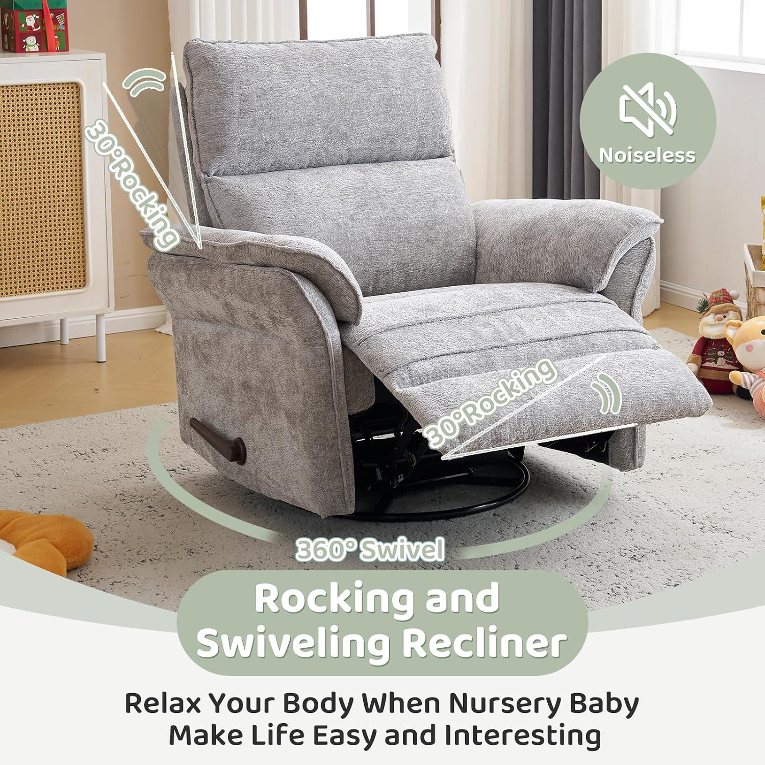 Oversized Swivel Rocker Recliner with Adjustable Headrest, Rocking Chair Nursery with Overstuffed Armrest, Manual Rocker Recliner Nursery Chair for Living Room,Light Grey