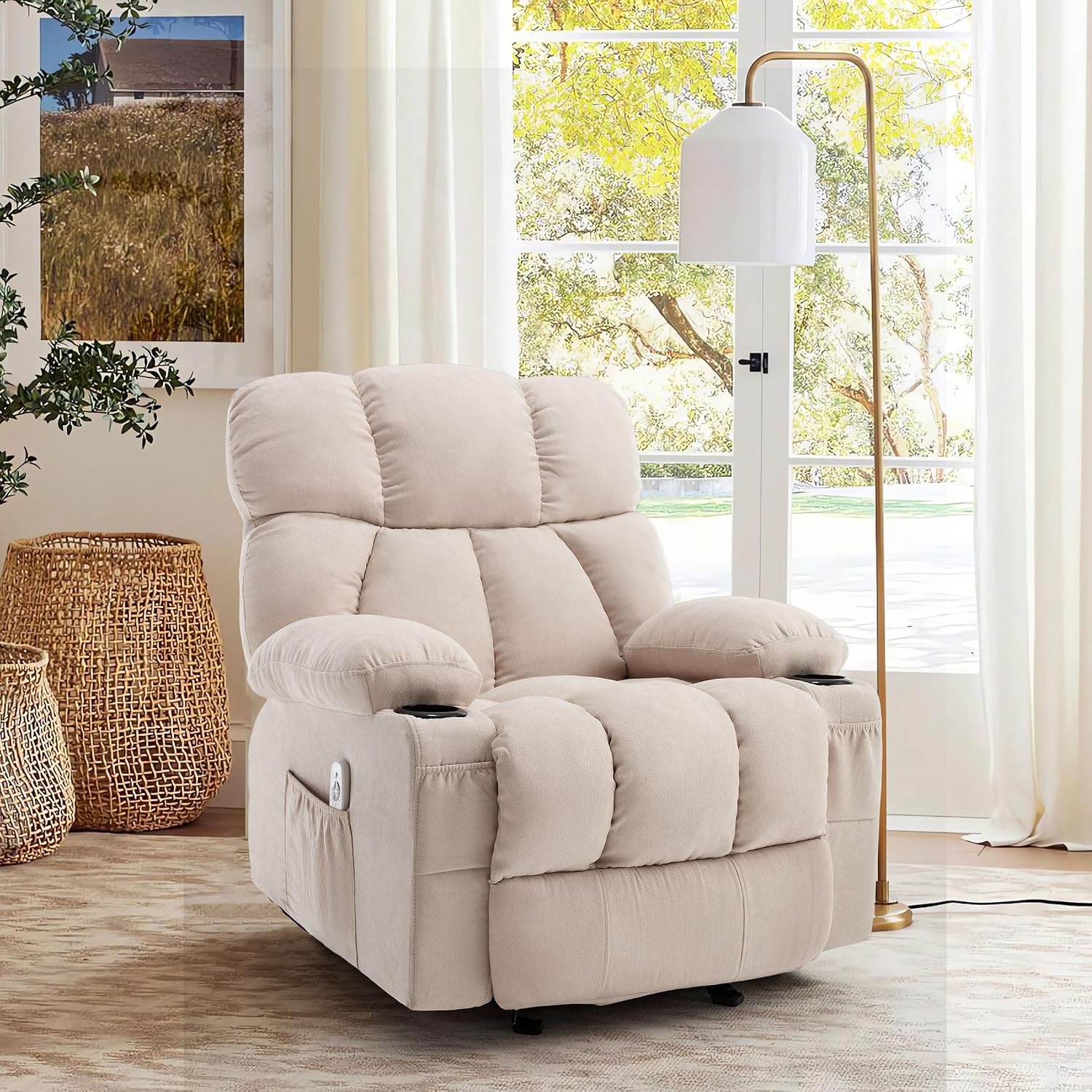 Massage Rocker Recliner Chair with Heat and Vibration Ergonomic Rocking Lounge Chair for Living Room Comfy Overstuffed Recliner with 4 Side Pockets, 2 Cup Holders, Beige