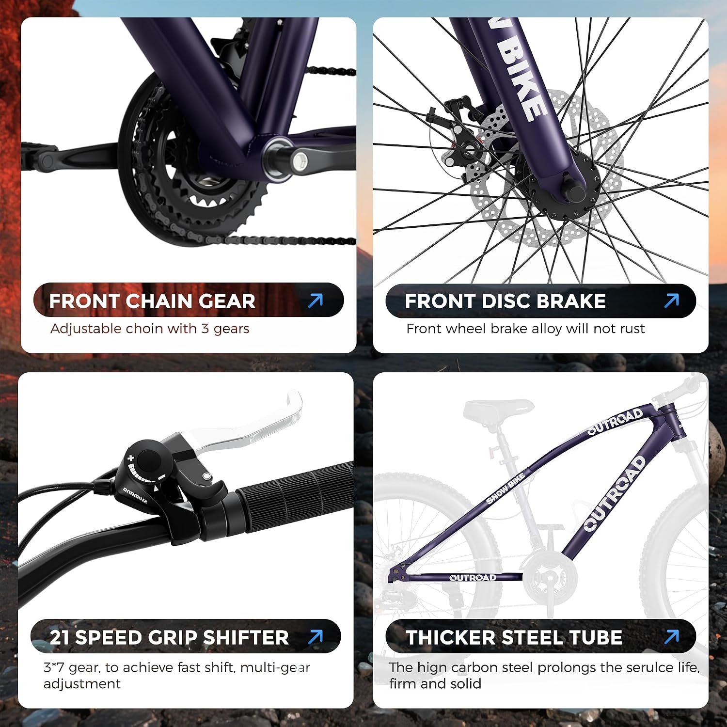 Betterland Outdoor 26 Inch Wheels Fat Tire Mountain Bike, 21-Speed Bicycle with Dual Front Suspension, High Carbon Steel Frame with Double Disc Brake and Anti-Slip Bicycle for Adults