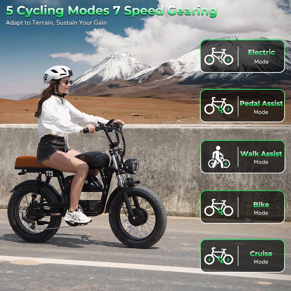 Tamobyke Premium T73 Series Electric Bike for Adults,48V15Ah/36Ah/41Ah Large Battery,1000W/1500W/3000W Powerful Motor, 28/33/37.5Mph Max Speed,20''*4'' Fat Tire E-Bike for Commute/Off-Road. Age 15+.