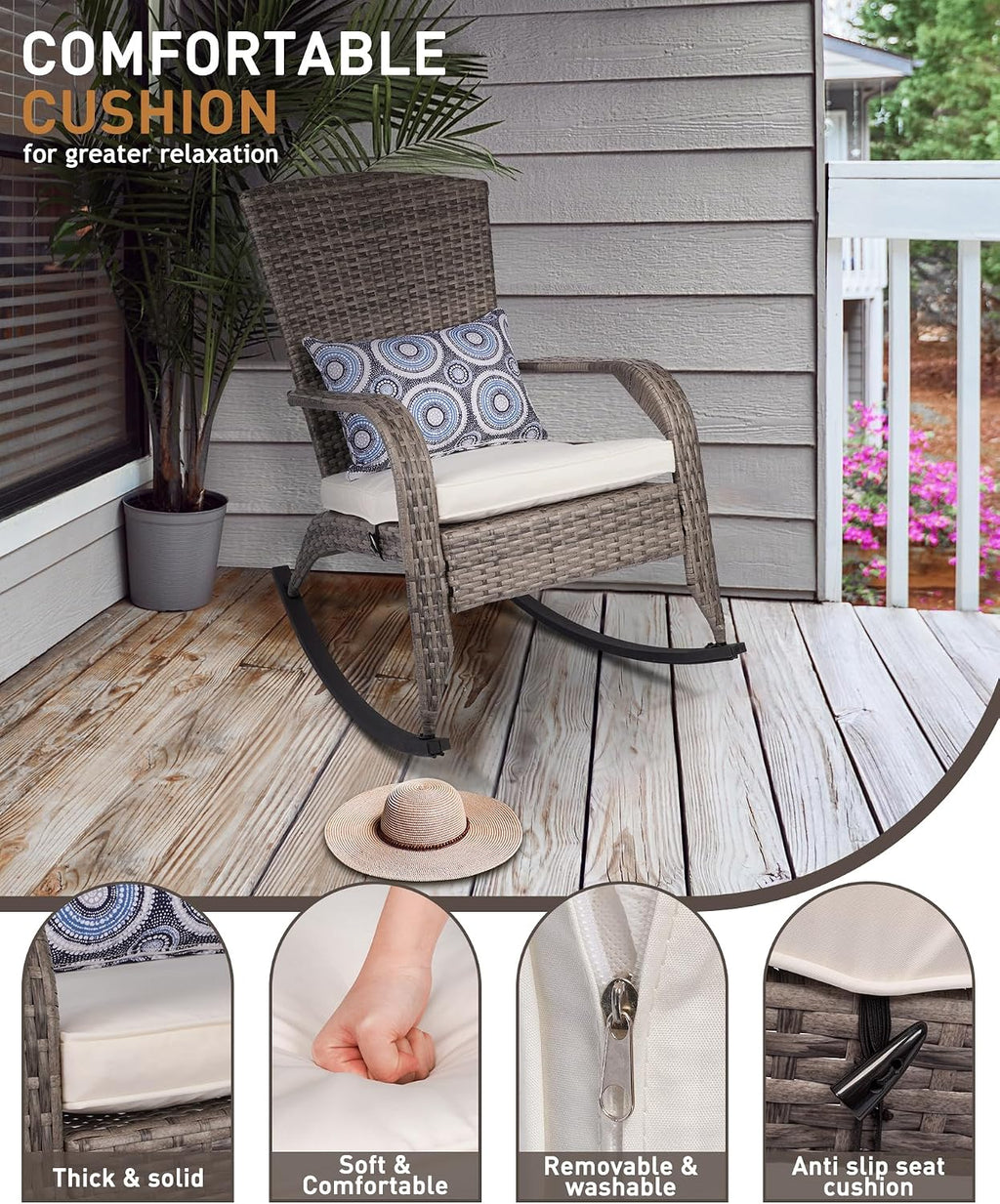 Outdoor Rocking Chair, Patio Rattan Rocker Chair with Cushions & Steel Frame, All Weather Porch Rocking Chair for Garden, Porch, Backyard, Poolside (Grey Rattan & Beige Cushion, 320lbs)