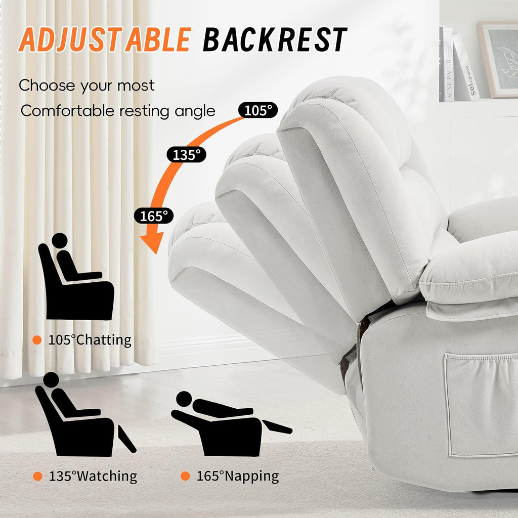 360°Swivel Rocker Recliner Chair for Adults,Manual Glider Recliner Sofa with Massage and Heating, Nursery Rocking Chairs with Cup Holds for Living Room Bedroom (Beige)