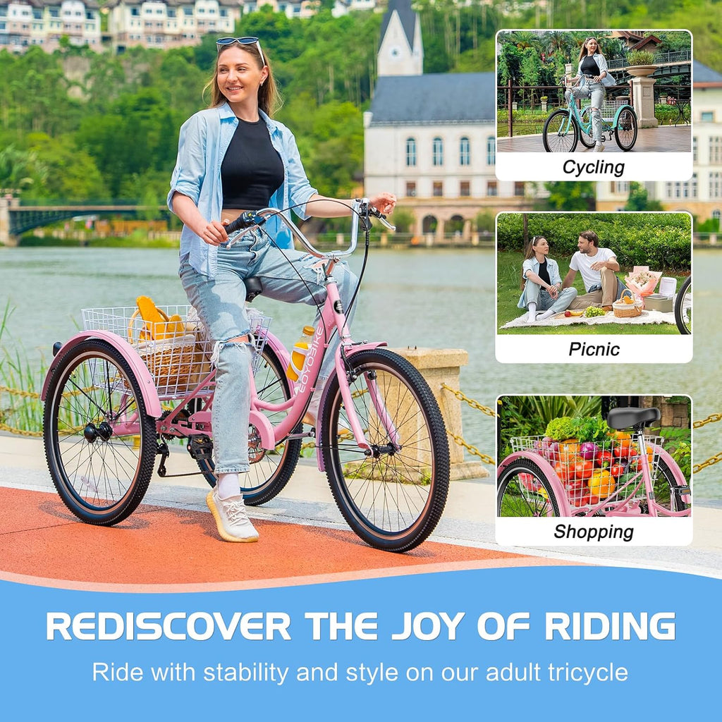 Slsy Adult Tricycle 7 Speed, 20/24/26 Inch Step-Through 3 Wheel Bike for Adults with Large Shopping Basket, 350 lb Capacity Adult Trike for Seniors, Women and Men