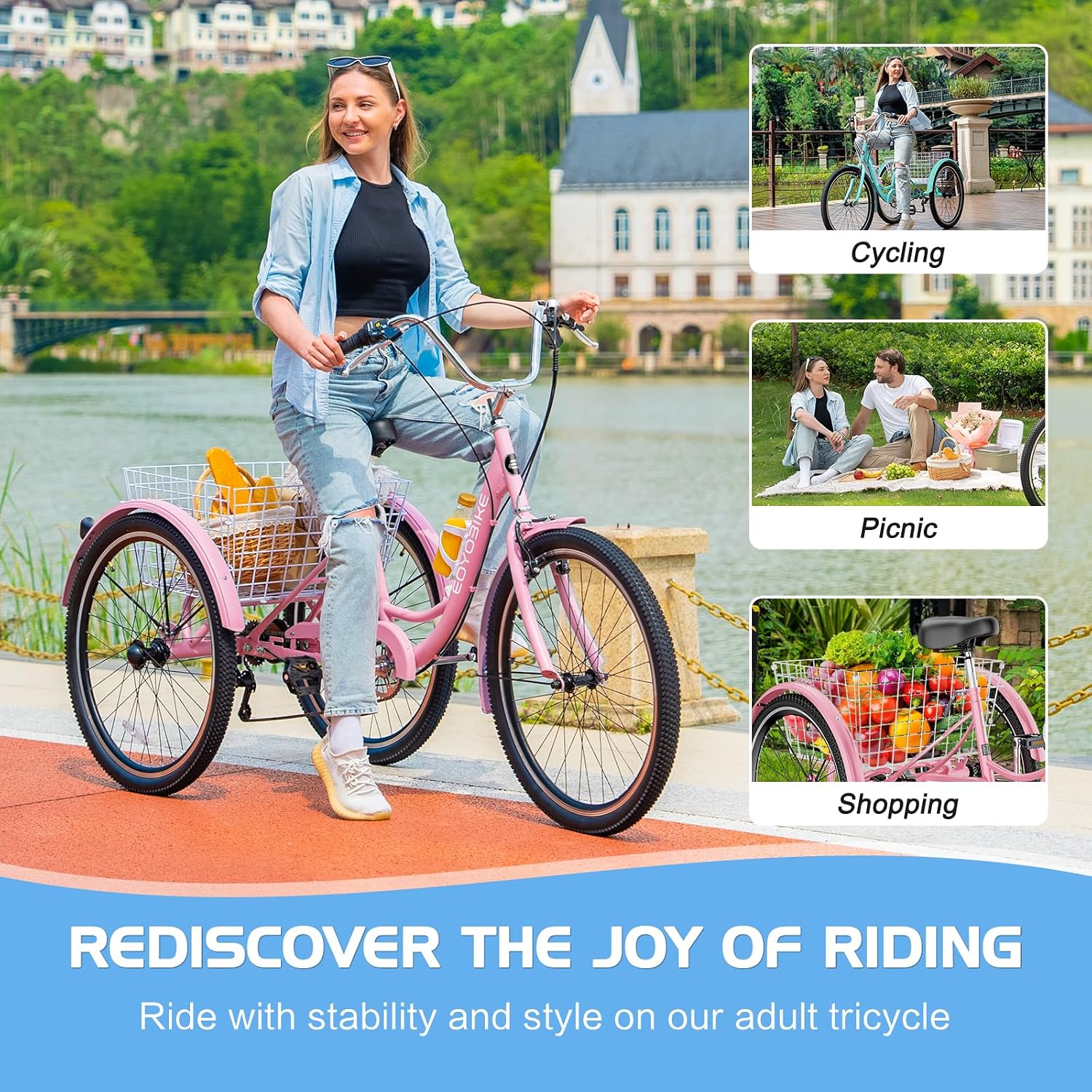 Slsy Adult Tricycle 7 Speed, 20/24/26 Inch Step-Through 3 Wheel Bike for Adults with Large Shopping Basket, 350 lb Capacity Adult Trike for Seniors, Women and Men