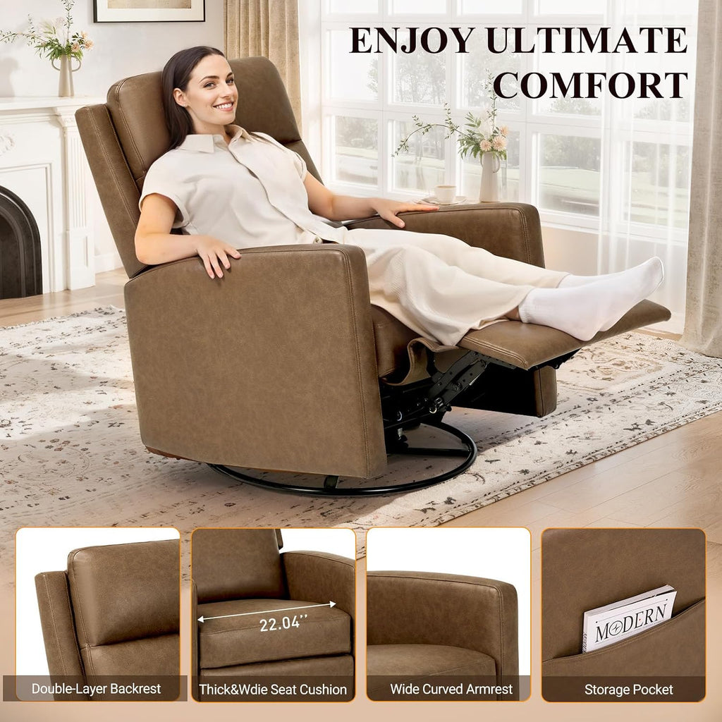COLAMY Leather Recliner Chair for Adults, Swivel Rocker Recliner for Small Spaces, Wide Glider Rocking Nursery Chair with Ergonomic High Backrest, for Home Living Room, Office, Bedroom（ Brown）
