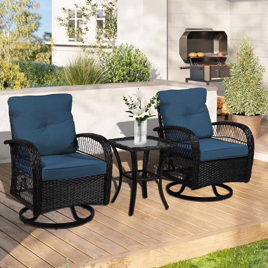 YLGJ&TIDY 3 Pieces Outdoor Swivel Rocker Patio Chair Set Wicker Patio Swivel Chairs with Side Table Cushions High Back Front Porch Rocking Chairs for Patio Balcony Backyard Deck, Blue
