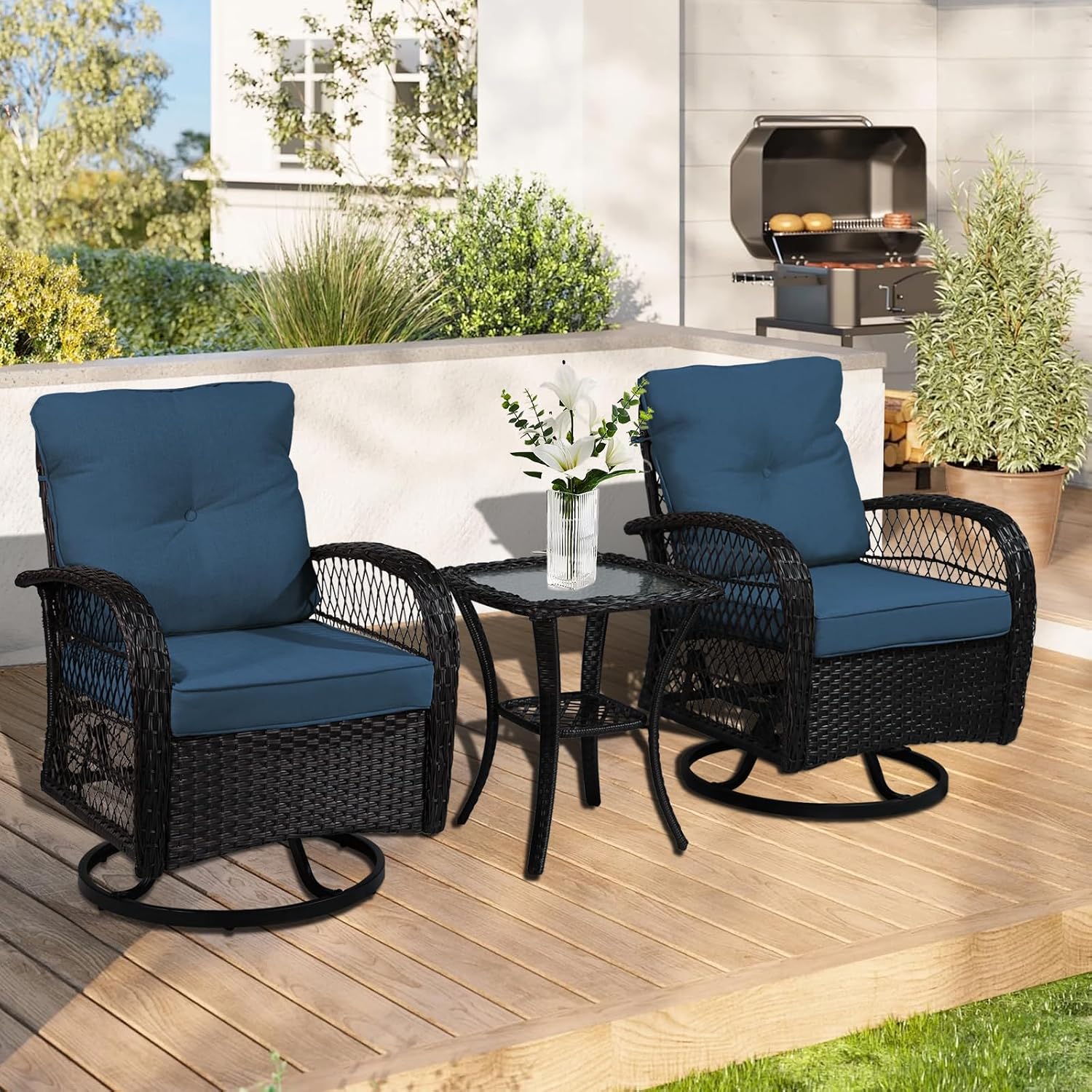 YLGJ&TIDY 3 Pieces Outdoor Swivel Rocker Patio Chair Set Wicker Patio Swivel Chairs with Side Table Cushions High Back Front Porch Rocking Chairs for Patio Balcony Backyard Deck, Blue