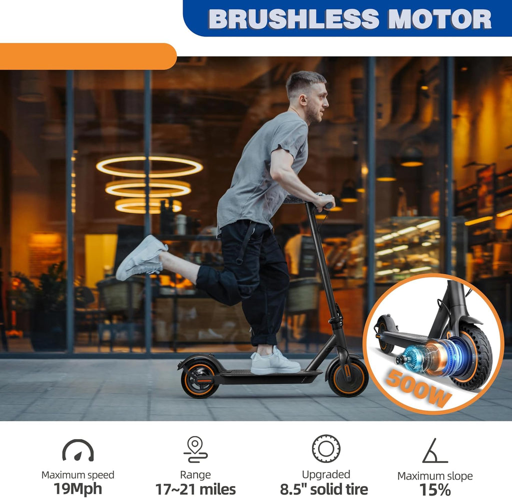 Electric Scooter, 500W Motor, Top Speed 19MPH, 21 Miles Long Range, Foldable Electric Scooter for Adults with Dual Brakes and App Control, 8.5'' Puncture-Proof Tire, Commuting E Scooter