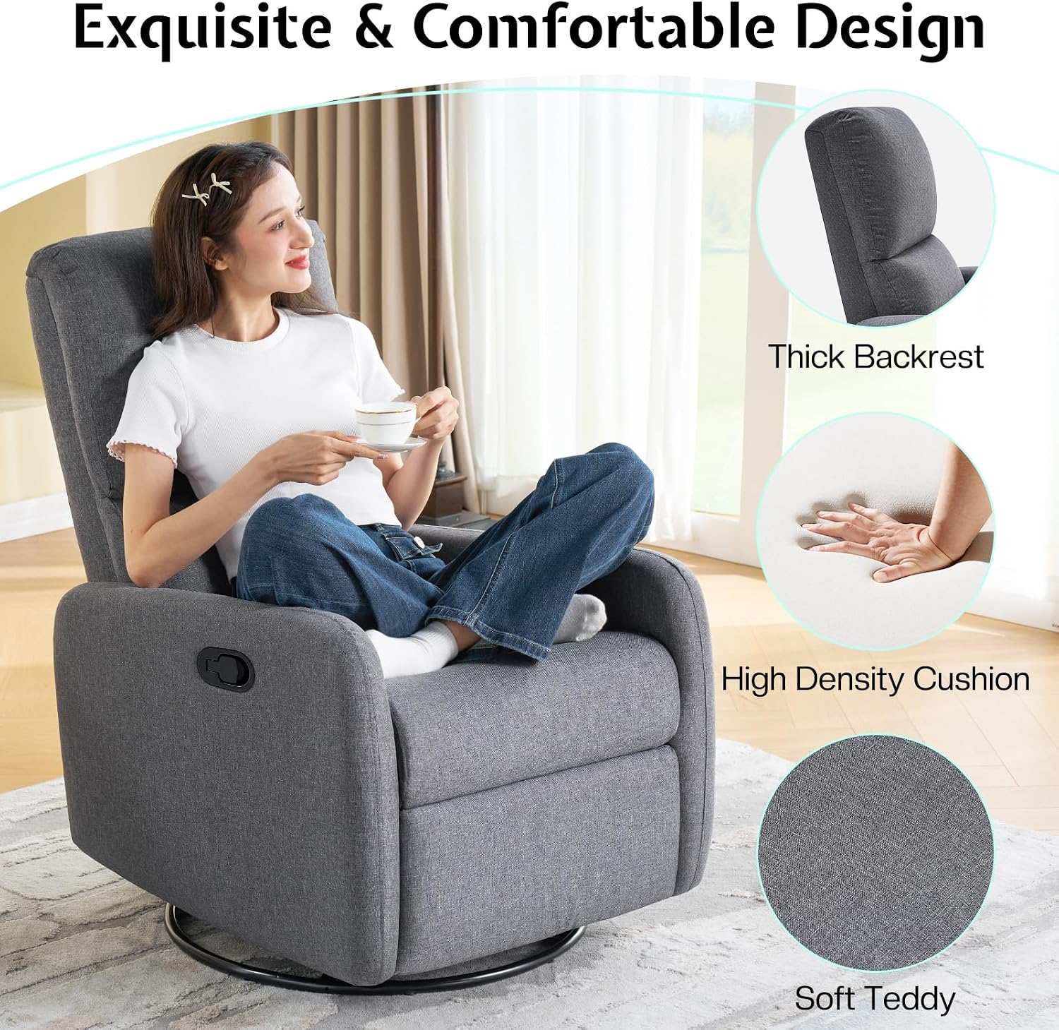 Jocisland Swivel Rocking Chair, Nursery Glider Recliner Chairs for Adults, Rocker for Living Room Bedroom, Comfy Upholstered Modern Nursing Reclining Single Sofa, Grey Linen (No Side Pockets)