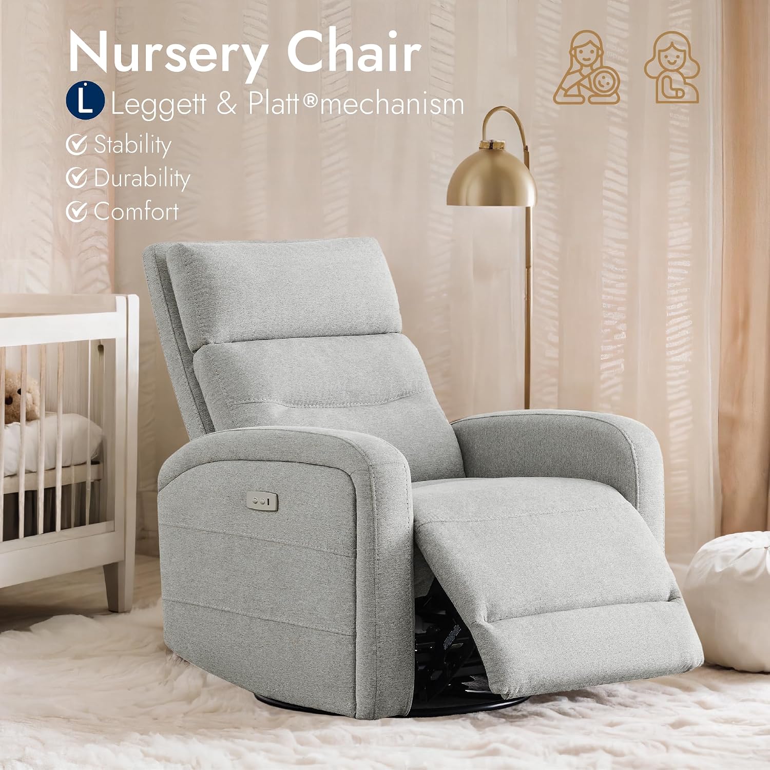 Watson & Whitely Swivel Power Recliner Glider Rocker, Small Recliner with Charging Port for Living Room, Fabric in Dove Grey