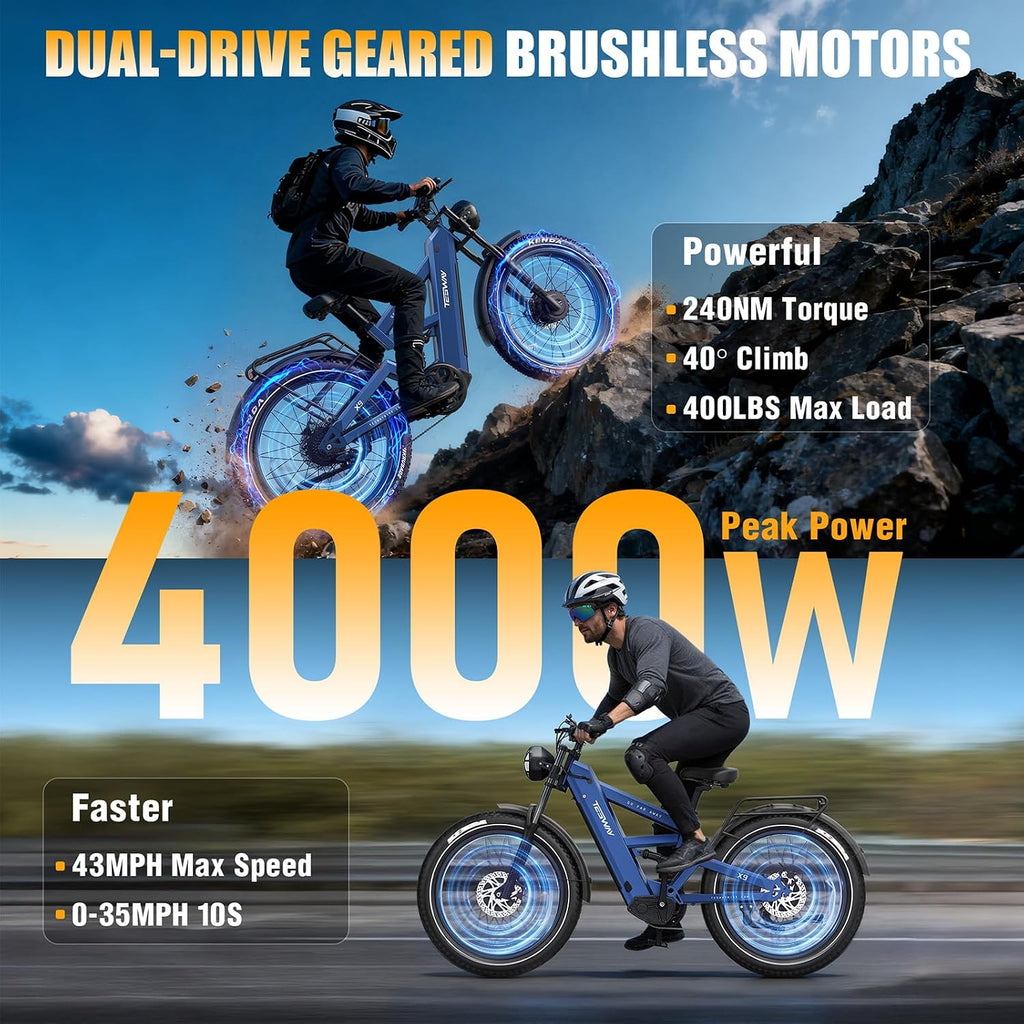 TESWAY X9 Ultra Dual Motor Ebike, 26' Fat Tire Full Suspension AWD Electric Bike for Adults, 4000W 43MPH 240NM, 60V 30Ah(Camo)/25Ah(Other) 120 Miles Long Rang