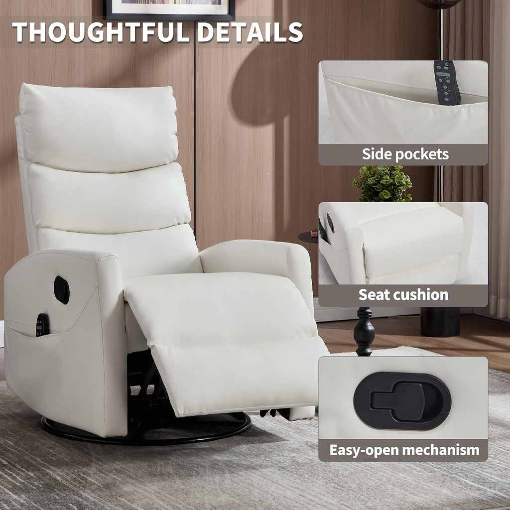 Manual Swivel Rocker Recliner Chair for Adults, Overstuffed Glider Recliner for Nursing with Vibration Massage & Heat, Living Room Rocking Recliner 3-Stage backrest, Faux Leather White