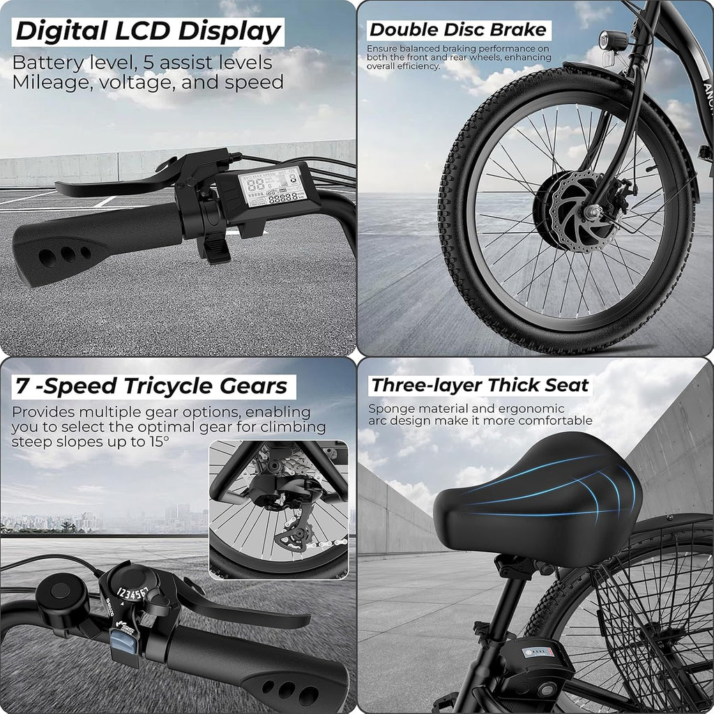 ANCHEER Electric Tricycle for Adults, 350W(Peak 550W) Etrike, 48V/499Wh Ebike, 24' Folding 3 Wheel Electric Trike, 15.5MPH & 55Miles Electric Bike, Rear Differential, Rear Basket
