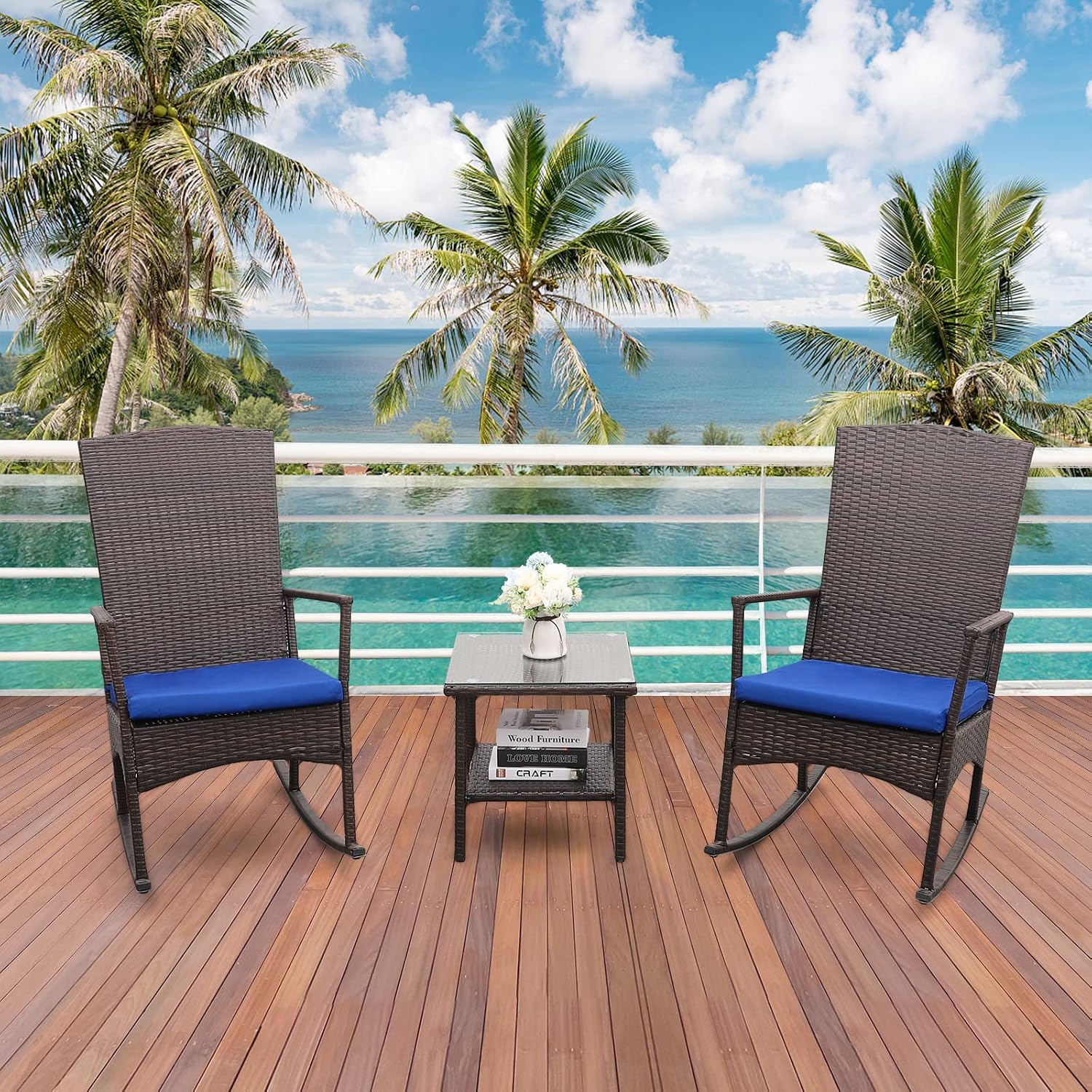 Outdoor HDPE Wicker Rocking Chair 3-Piece Patio Rattan Bistro Set 2 Rocker Armchair and Glass Coffee Side Table Furniture Washable Lacing Cushions, Blue