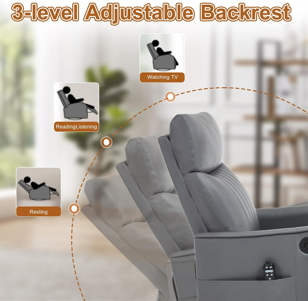 Manual Swivel Rocker Recliner Chair for Adults, Overstuffed Recliner Glider with Massage and Heat, Living Room Reclining Chair, PU Leather Gray