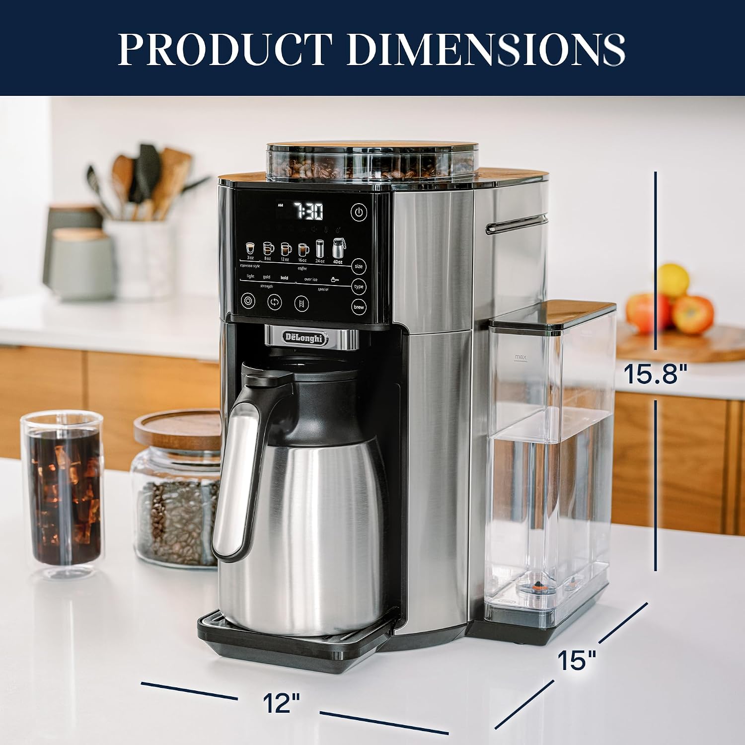 De'Longhi TrueBrew Drip Coffee Maker, Built in Grinder, Single Serve, 8 oz to 24 oz with 40 oz Carafe, Hot or Iced Coffee, Stainless,CAM51035M, Silver/Black