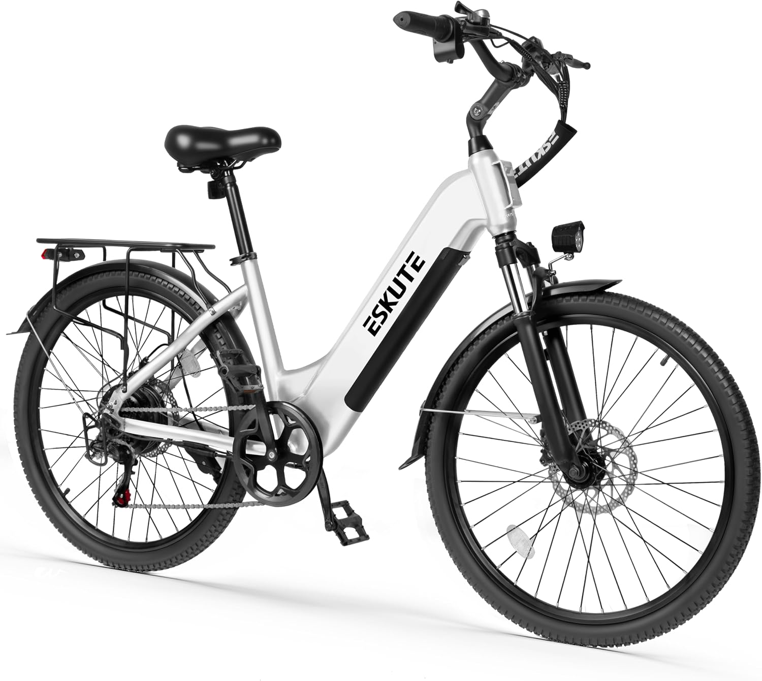 ESKUTE Electric Bike for Adults-1300w Peak Ebike, 28MPH Step Thru Electric Bicycle，70Miles 840 WH Removable Battery e-Bike, 7-Speed 26'' tire, Adjustable Stem,