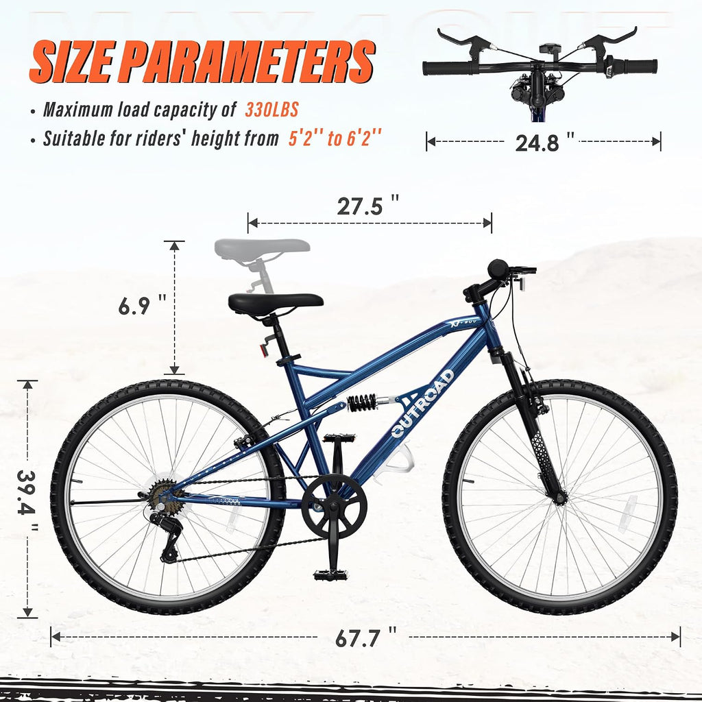Betterland 26 Inch Mountain Bike with Adjustable Ergonomic Seat, 7/21 Speed Adult Bike with Dual V Brakes, Outdoor Cycling Bike with High Carbon Steel Frame and Front Suspension
