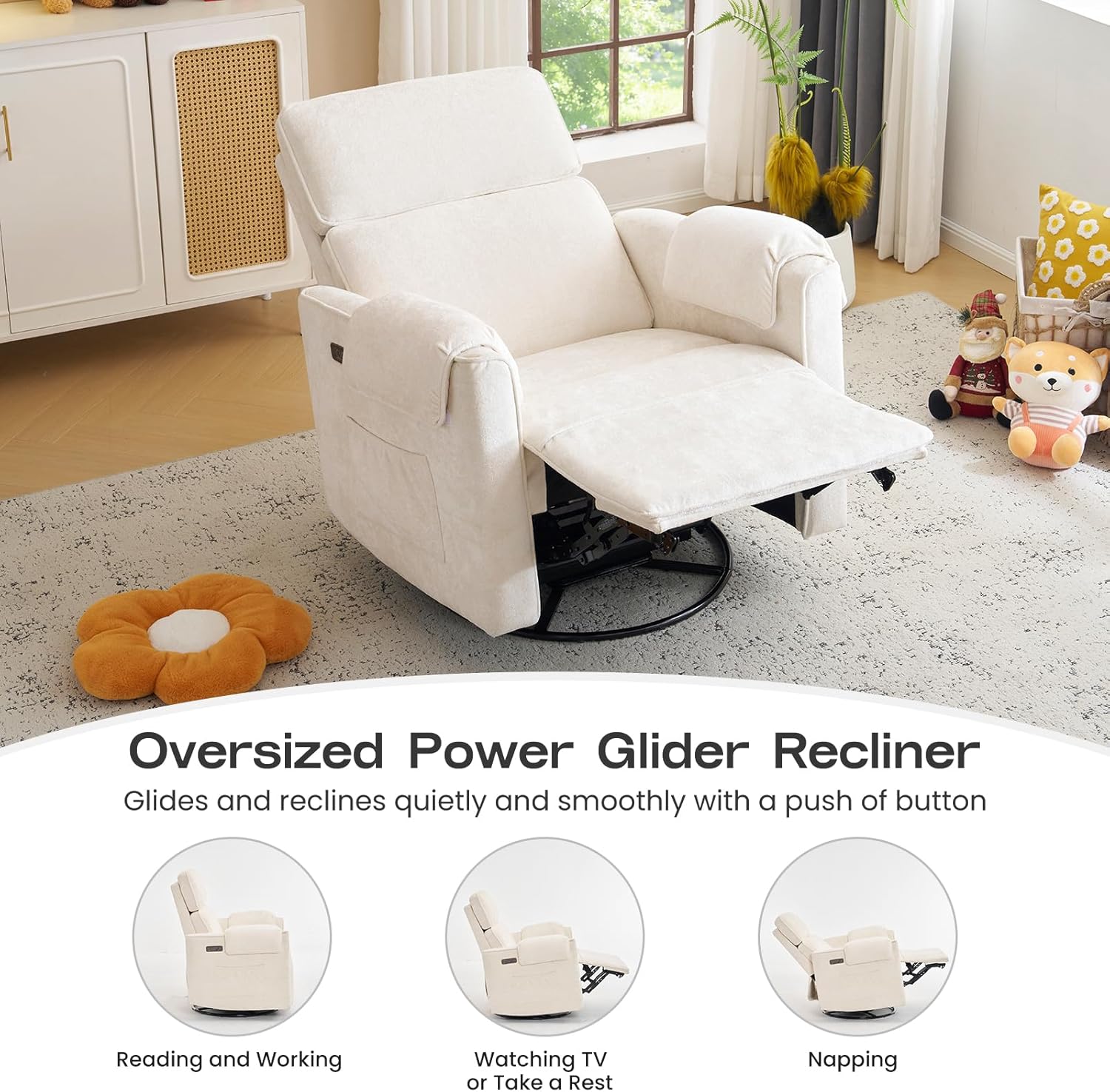 Oversized Power Recliner Chair Swivel Glider with Adjustable Headrest, 26' Extra Wide Glider Nursery Chair with Overstuffed Armrest, USB Ports, Chenille Fabric, Cream