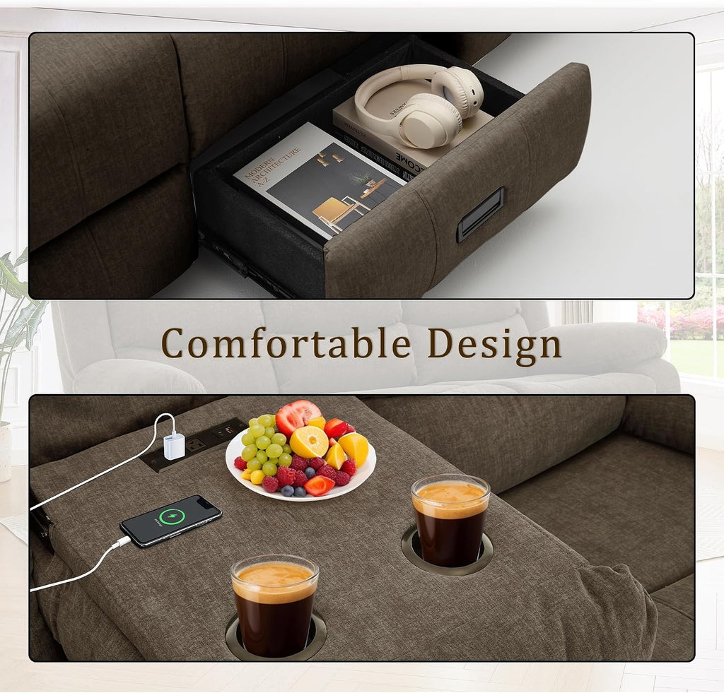Korser Recliner Sofa, Reclining Loveseat with Console, Oversized Reclining Couch with Drop Down Table, 3-Seater Sofa with Cup Holder and Recessed Power Strip, Brown