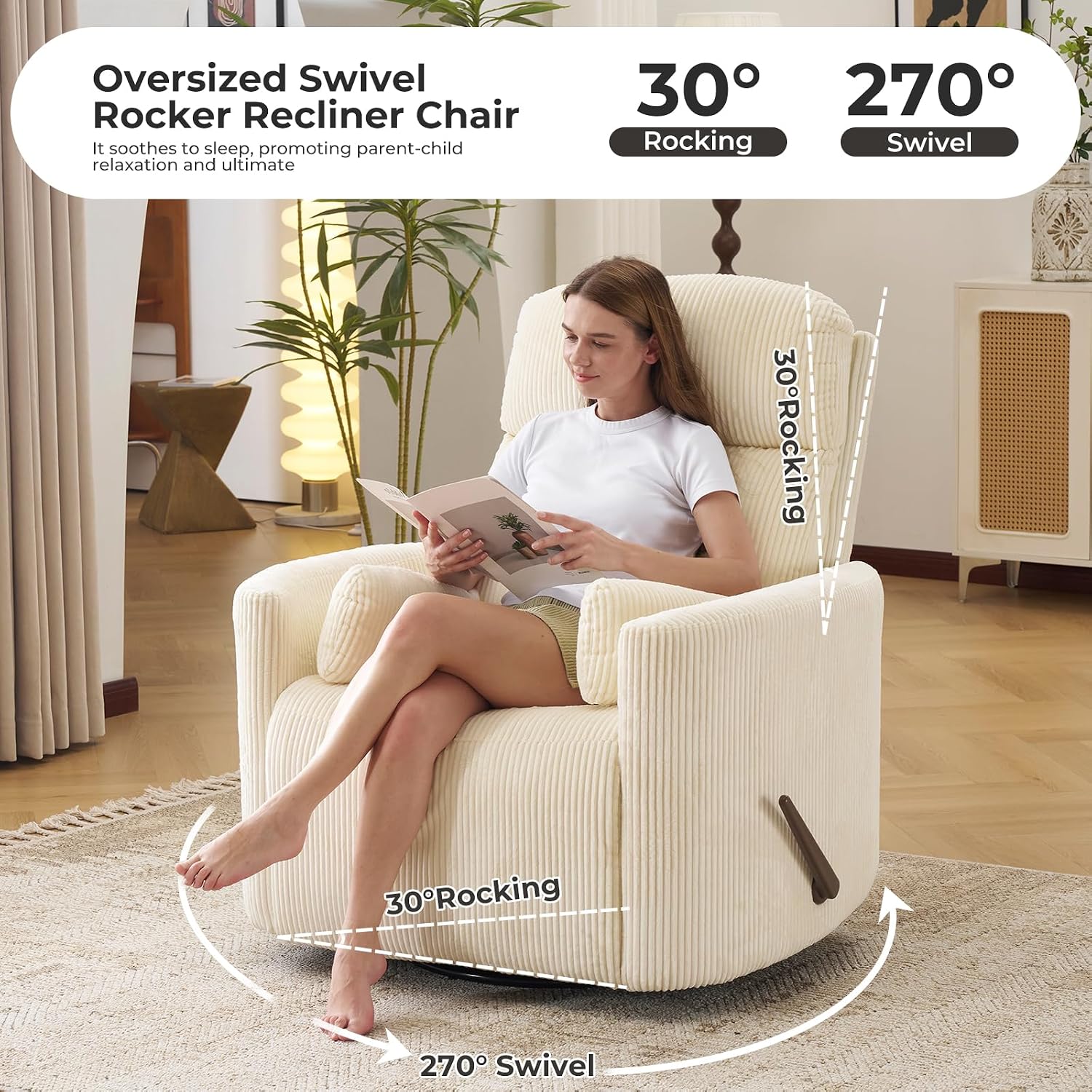 Oversized Swivel Rocker Recliner Chair with Massage and Heat, Manual Swivel Glider Rocker Recliner with 2 Pillows, Rocking Nursery Chair with Storage Ottoman, Adjustable Headrest,Corduroy Beige
