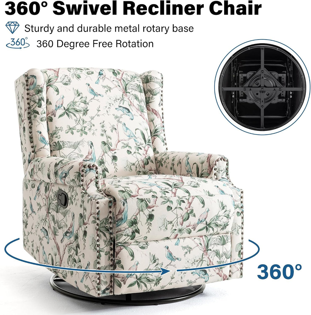 Lumibee Swivel Rocker Recliner Chair, Printed Fabric High Back Swivel Glider Rocking Chair, Upholstered Deep Seat Wingback Recliner Chair for Living Room Bedroom, Bird