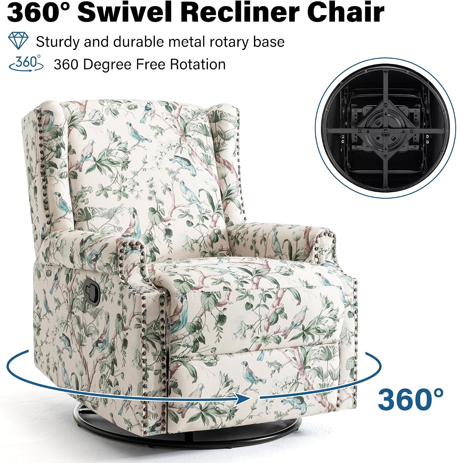 Lumibee Swivel Rocker Recliner Chair, Printed Fabric High Back Swivel Glider Rocking Chair, Upholstered Deep Seat Wingback Recliner Chair for Living Room Bedroom, Bird