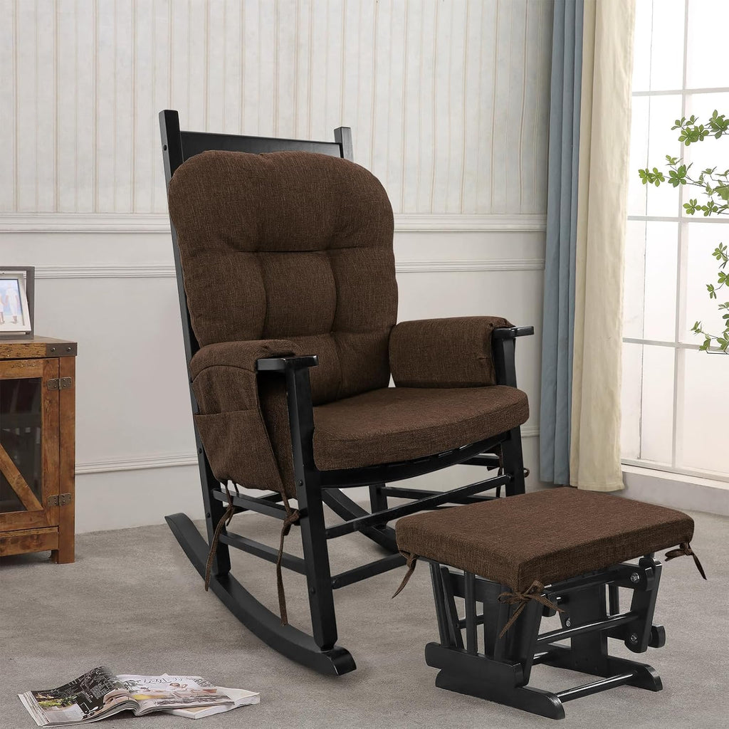 BUYUE Glider Rocker Replacement Cushion 5 PCS with Ties, Linen High-Density Foam Non-Slip & Washable Rocking Chair Pads for Sitting, Chocolate