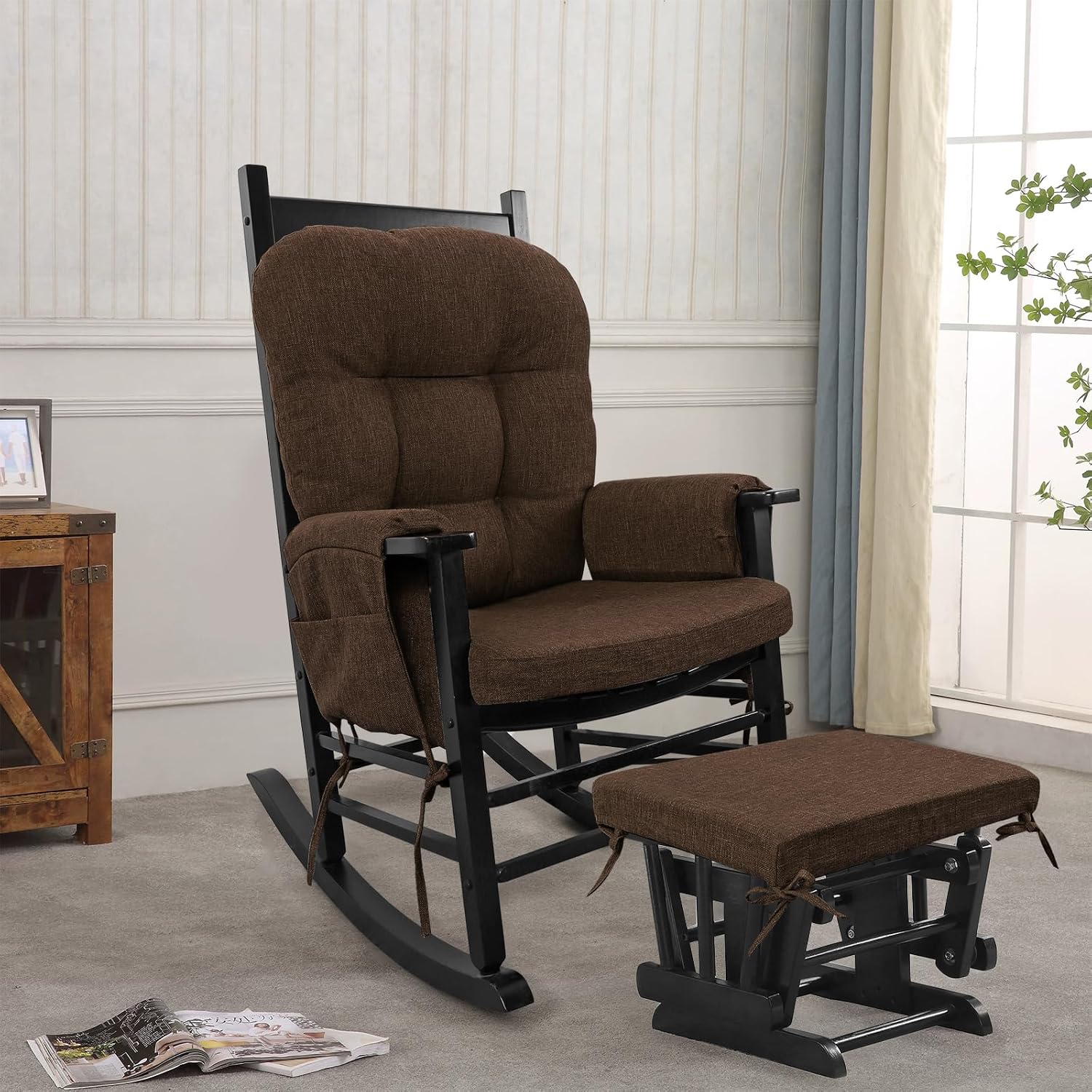 BUYUE Glider Rocker Replacement Cushion 5 PCS with Ties, Linen High-Density Foam Non-Slip & Washable Rocking Chair Pads for Sitting, Chocolate