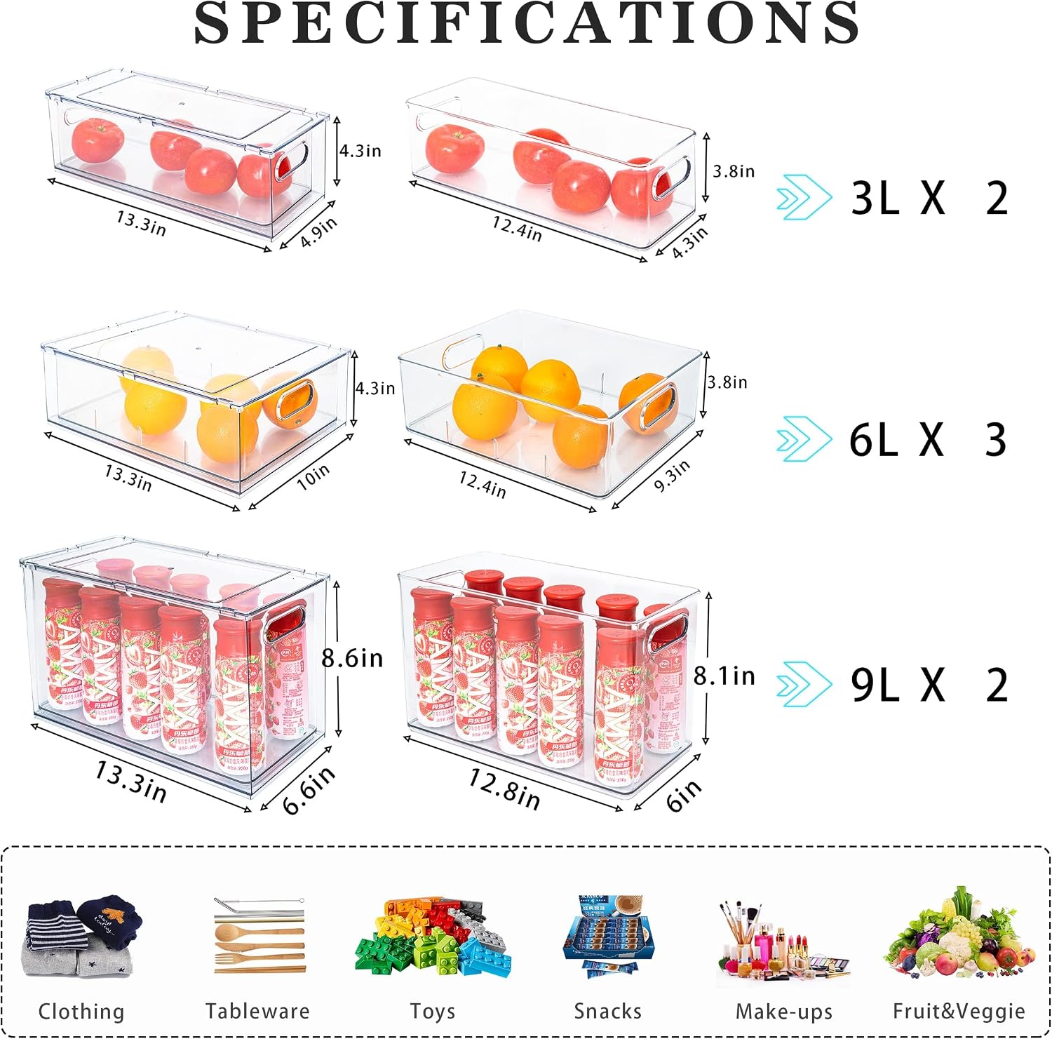 Mano Stackable Fridge Drawers Pull Out Bins with Handle Clear Refrigerator Drawers Organizer Food Storage Container Box with Dividers Plastic Produce Saver for Pantry, Cabinet, Kitchen, Clothes（7Pack）