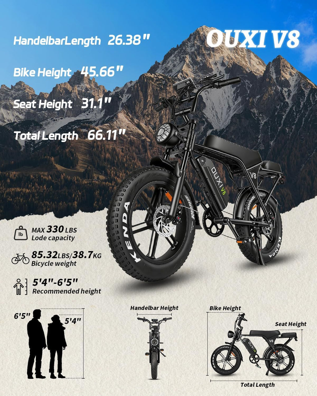 OUXI V8/V8MAX Electric Bike for Adults, E Dirt Bike Peak 1000W, 31 MPH, 15/30 AH Removable Battery, 20' Fat Tire Electric Bike, 7-Speed Gear Electric Bicycles, Ebike Moped for Commuting & Off-Road