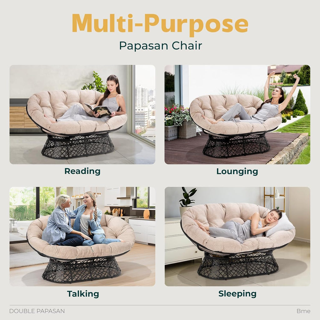 Bme Double Papasan Chair, 600lbs Capacity, Ergonomic Design, Soft Thick Cushion, Bee-Designed Frame, Durable Steel, 61', Beige - Black Base