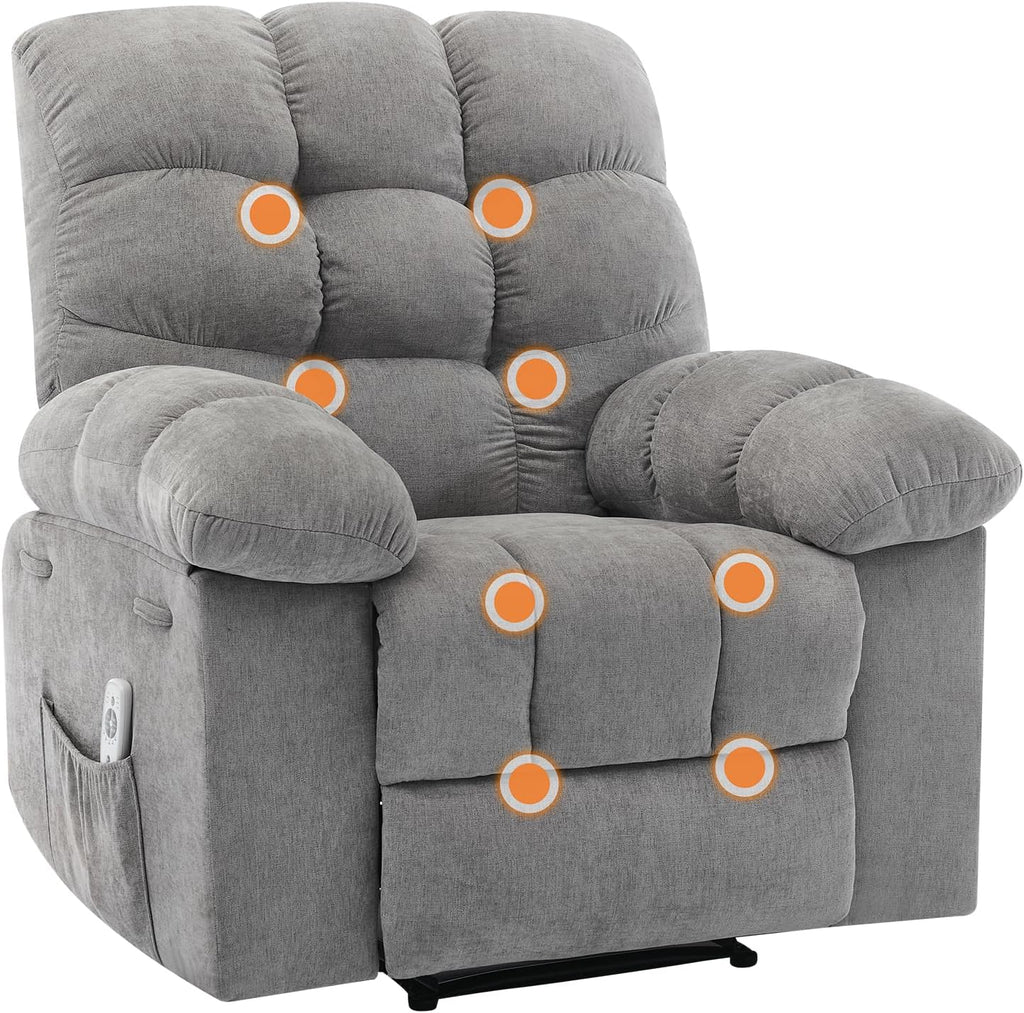 Recliner Rocking Chair with Massage & Heat, Wide Overstuffed Fabric Recliner with Breathable Upholstery, Ergonomic Design, 2 Side Pockets & Remote Control for Living Room or Bedroom (Gray)