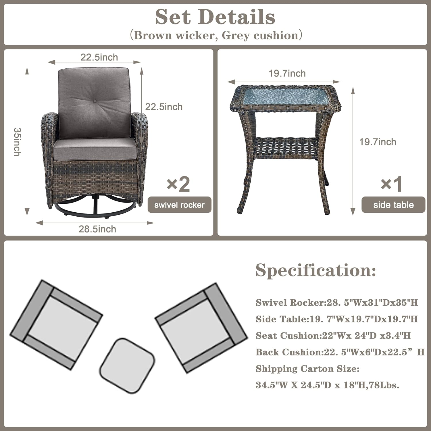 Belord Patio Wicker Chairs Swivel Rocker - Outdoor Swivel Rocking Chairs Set of 2 with Rattan Side Table, Patio Swivel Glider Chair 3 Piece Patio Furniture Sets for Patio Porch Pool Brown/Grey