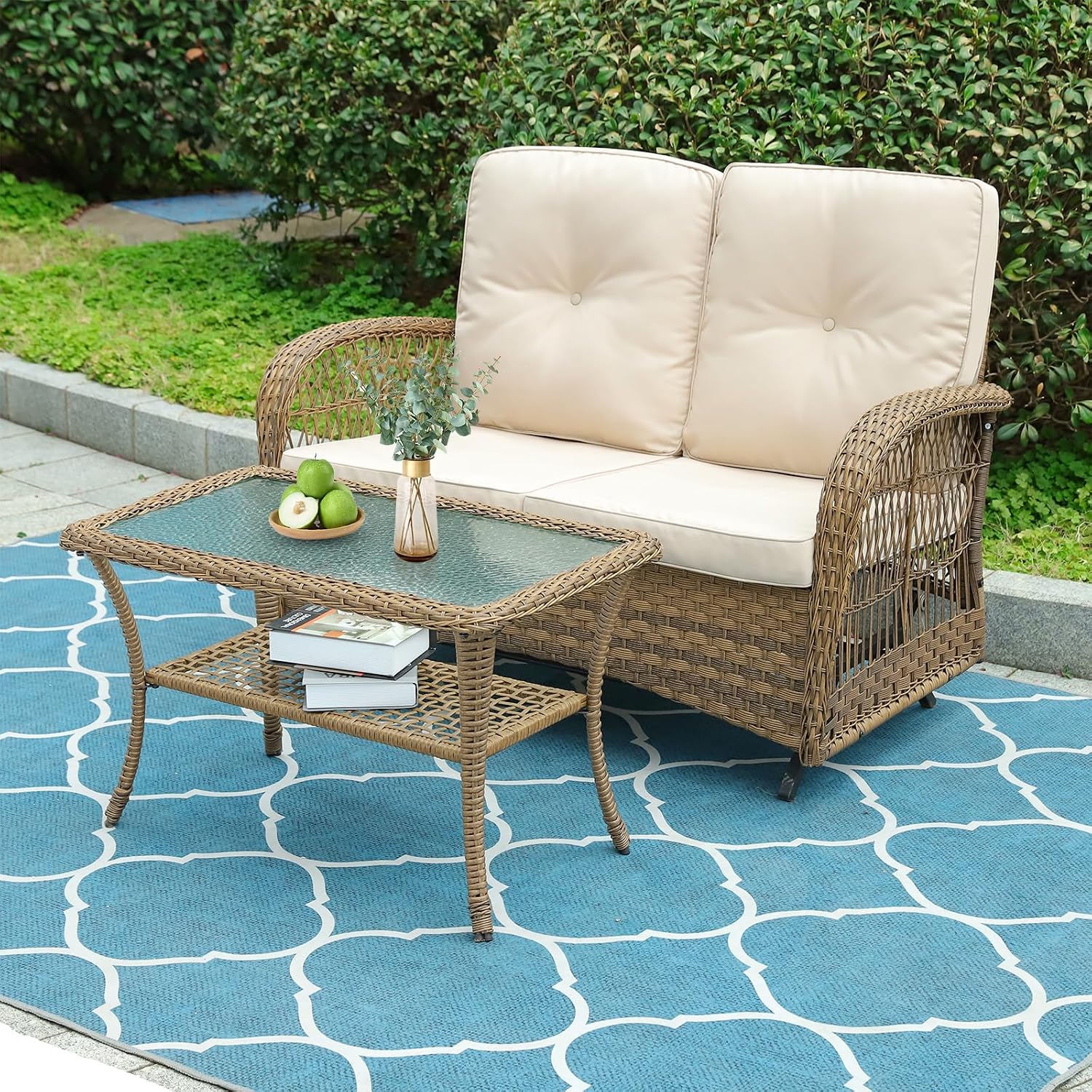 VIVIJASON 2-Piece Patio Wicker Loveseat Glider Set Cushioned, Outdoor Conversation Furniture Sets with 2-Seater Glider Rocking Bench, Coffee Table and Cushions for Porch Garden Poolside, Light Brown