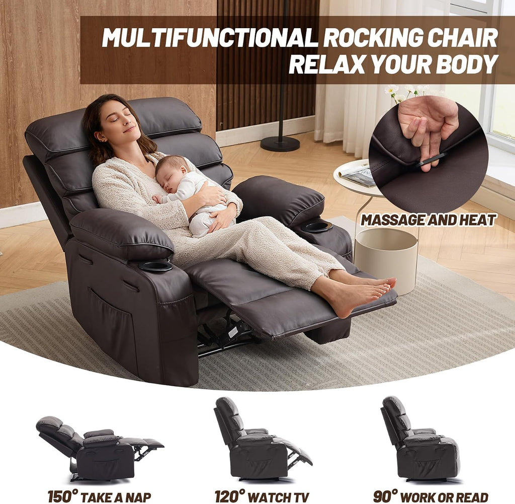PU Leather Extra Wide Manual Recliner for Adults with Massage and Heat, Large Lazy Chair with 1.5X Sponge Comfort Arm and Back for Living Room, Bedroom