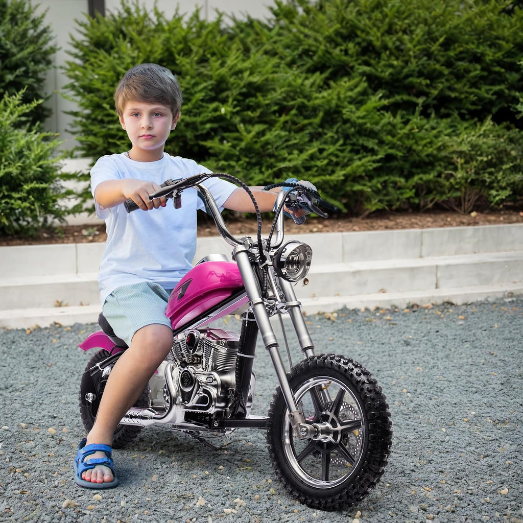 36V 7.5AH Electric Motorcycle for Kids, 350W Strong Motor 14MPH Fast Speed Electric Retro Off-Road Motorcycle, Leather Seat Dirt Bike, LED Lights, Air-Filled Tires, Silver Pink