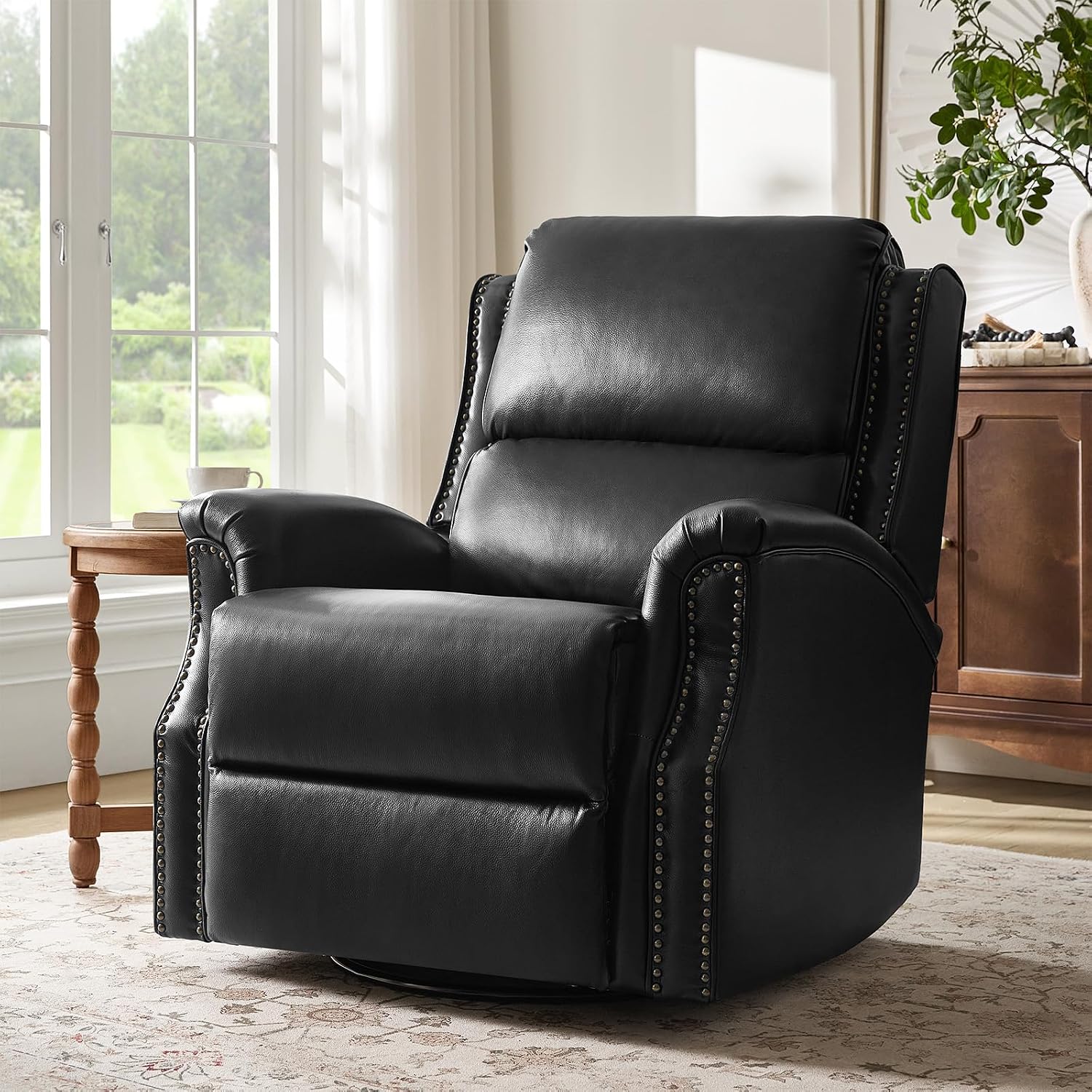 HULALA HOME Genuine Leather Recliner Chair, Swivel Rocker Chair with Thick Seat, Classic Push Back Armchair with Backrest, Nailhead Trim, Black