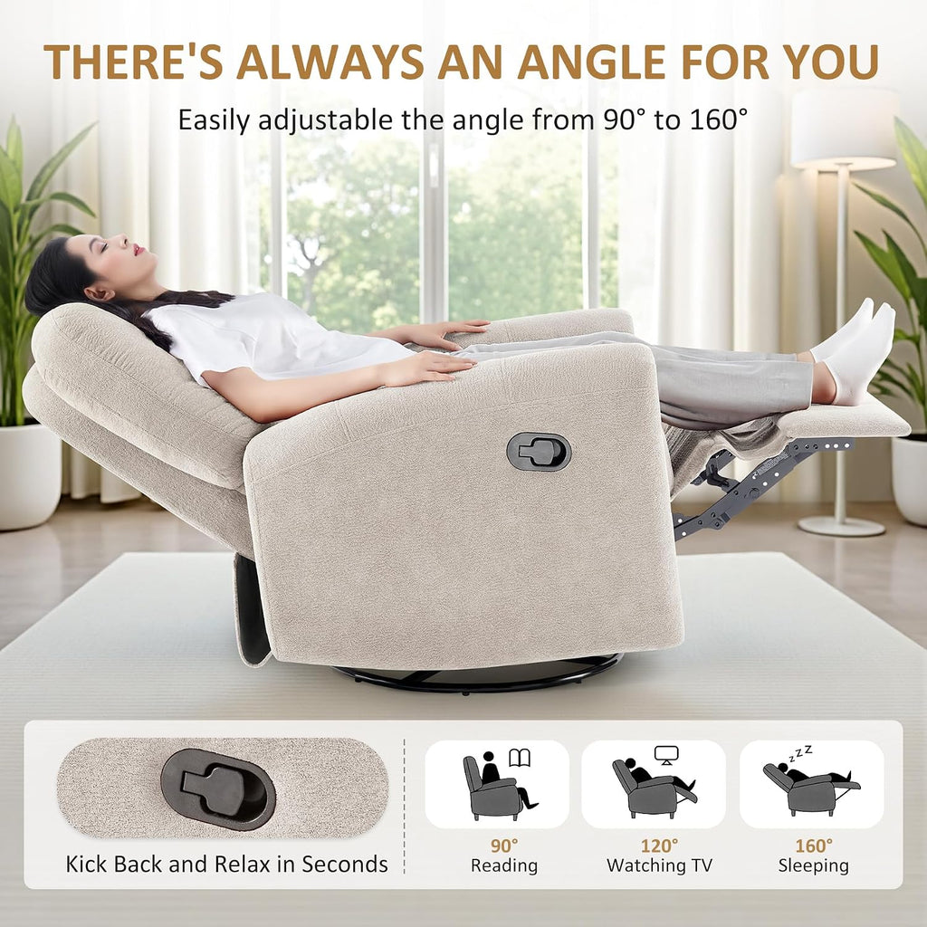 VANOMi 360 Swivel Rocker Recliner Chair, Nursery Rocking Chair with Tufted Backrest, Manual Recliner Chairs for Small Spaces, Upholstered Glider Nursing Chair for Living Room, Bedroom (Camel)