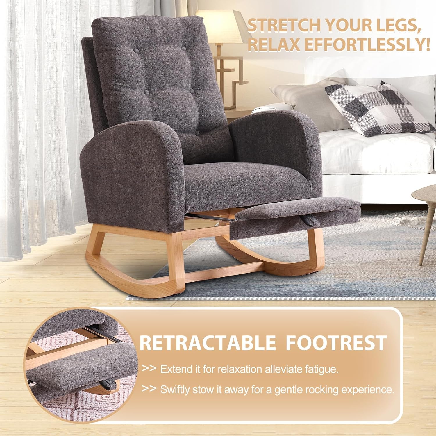cinkehome Nursery Rocking Chair with Retractable Foot Rest, Glider Rocking Chair with Solid Wood Legs, High Back, Button Decors, Mid Century Rocker Chair, Grey