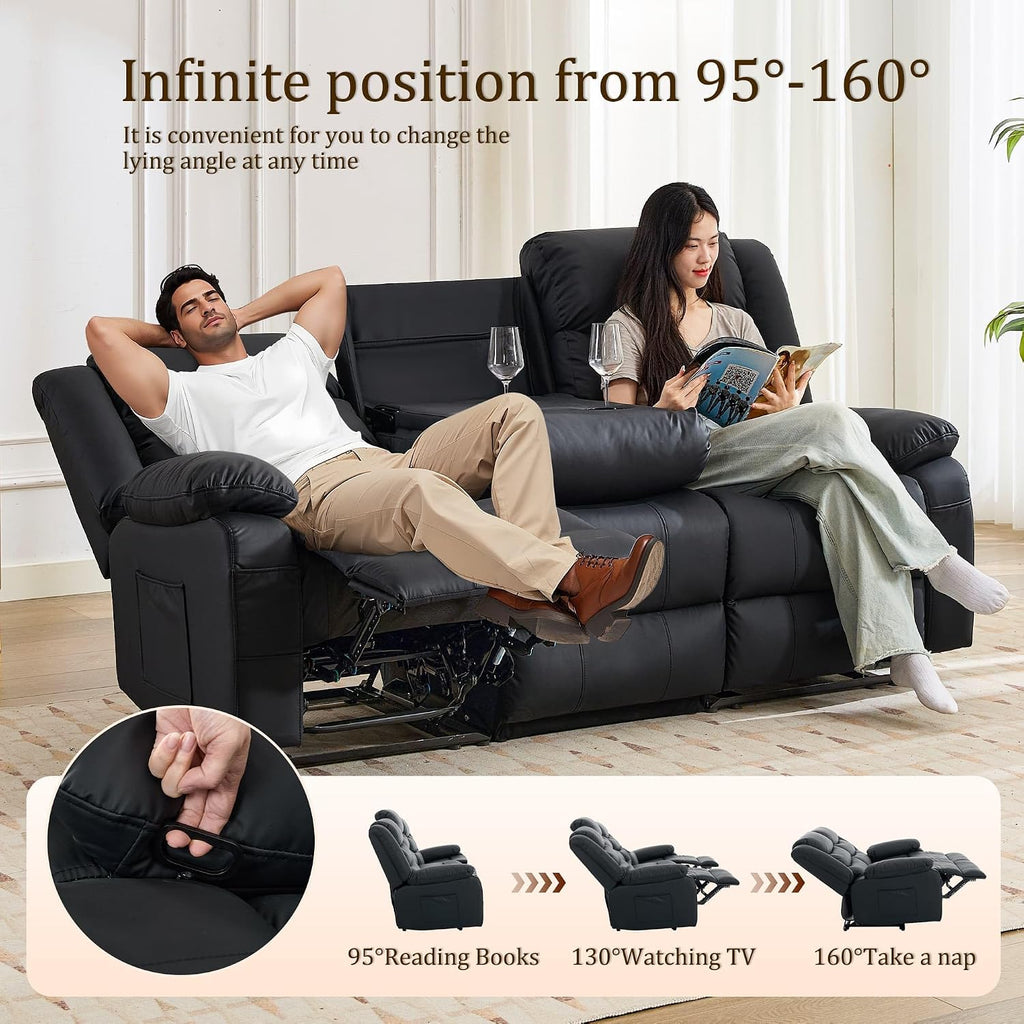 Korser Recliner Sofa, Reclining Loveseat with Console, Oversized Reclining Couch with Drop Down Table, 3-Seater Sofa with Cup Holder and Recessed Power Strip, Black