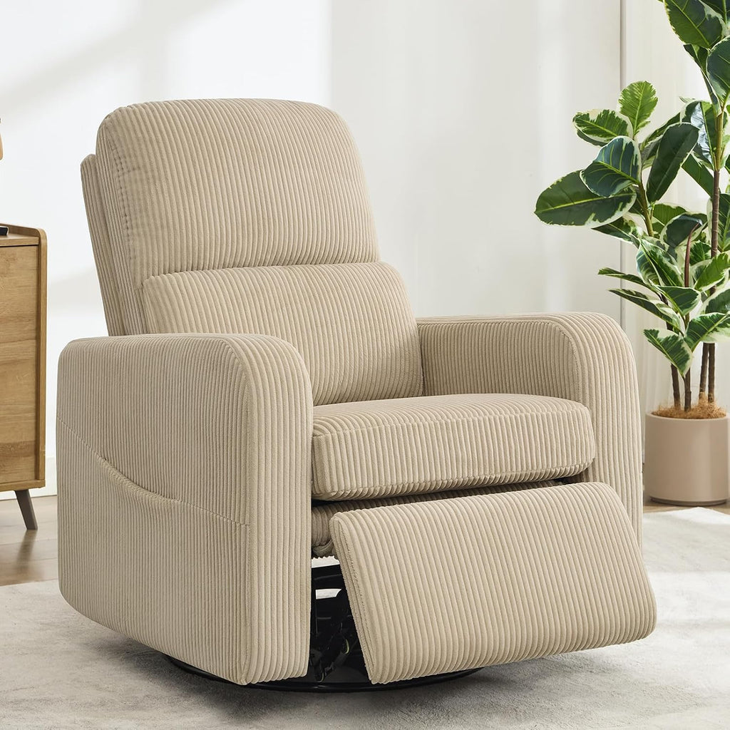 Swivel Rocker Recliner, Oversized Manual Nursery Glider Rocking Recliner Chair with Removable Cushion, Upholstered Swivel Reclining Chair for Nursery Living Room Bedroom, Corduroy Camel