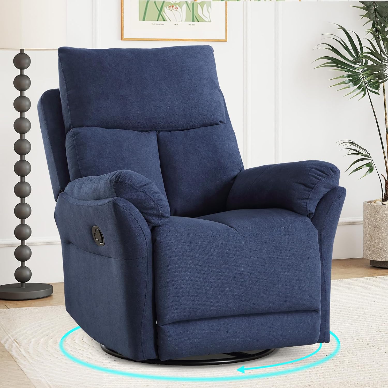 ANJ Swivel Rocker Recliner Chair, Manual Fabric Glider Nursery Recliner Chair, Single Rocking Modern Sofa Home Theater Seating for Living Room, Nursery (Blue)