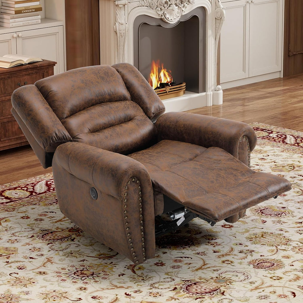 Bonzy Home Power Recliner Chair, Soft Faux Leather Recliner Chair with Thickened Padding and USB&Type-C Charging Ports, Classic Heavy Duty Single Reclining Sofa for Living Room, Nut Brown