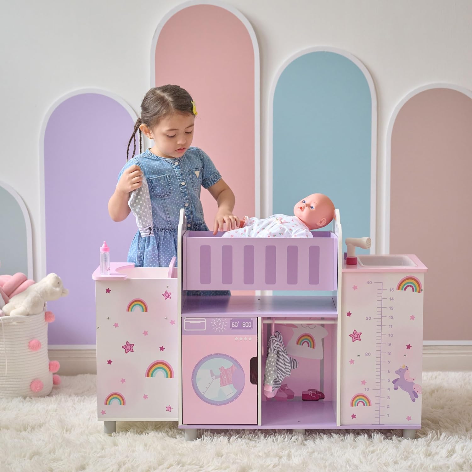 Olivia's Little World Fantasy Care Doll Nursery 6-in-1 Unicorn Themed Baby Station with Cradle, Washer, High Chair, Sink & Closet with 3 Wooden Hangers for Pretend Play, for Girls Ages 3 and Up