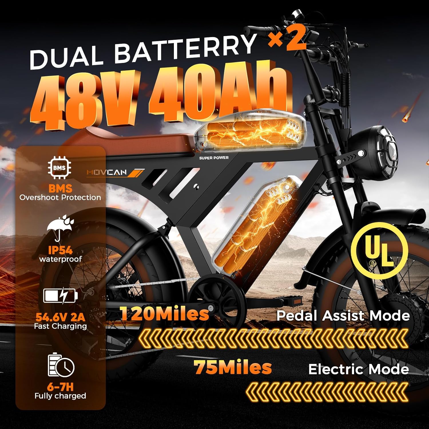 Movcan V30/V30Max/V30ProMax Electric Bike for Adults, 1000W/1500W/3000W, 28/32/37.5MPH, 48V 15.6/31.2/40AH Battery, Max Range 120Mile Electric Dirt Bike, 20' Fat Tire, 7-Speed Electric Mountain Bike