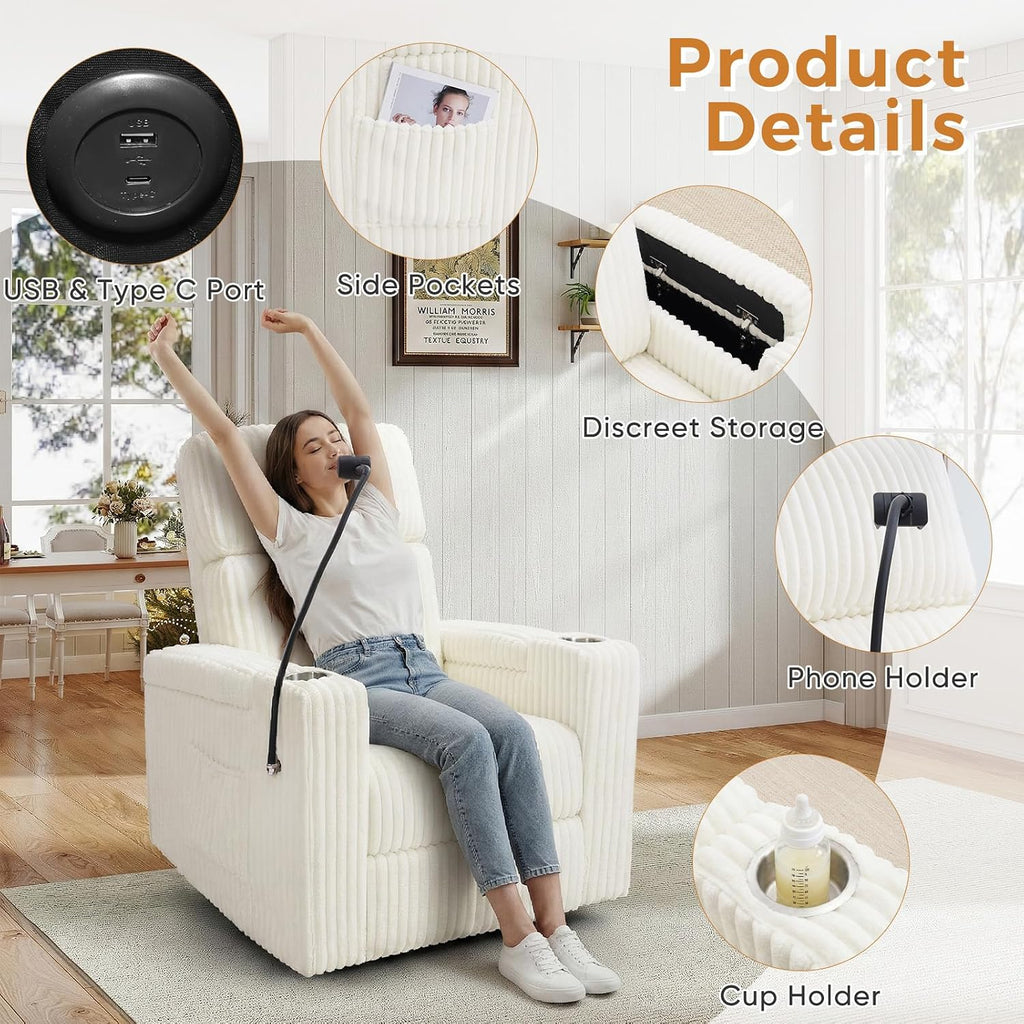 Power Recliner Chair Swivel Glider Rocking Chair Nursery Skin-Friendly Electirc Rocker Nursery Chair with Phone Holder, Hidden Storage, USB Charging, Corduroy Beige