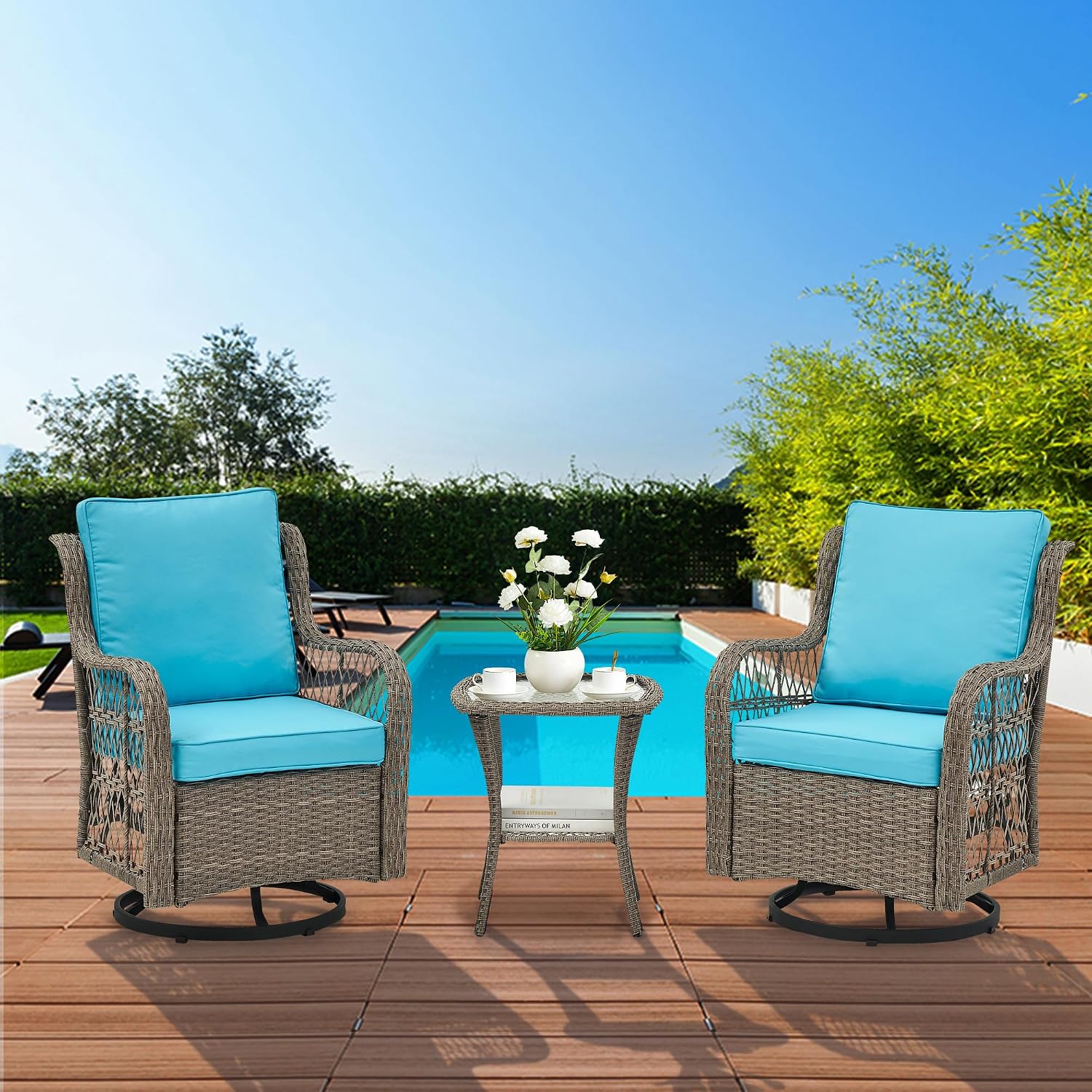 GAOMON 3 Pieces Outdoor Swivel Rocker Chair Set of 2 with Small Side Table, 360-Degree Swivel Rocking Chair, Outdoor Rocking Chair Set for Patio Porch Pool (Gray Rattan/Light Blue Cushion)